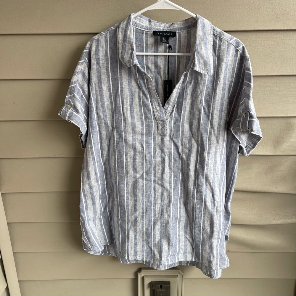 Tahari Linen Blend Blue Striped Henley Short Sleeve Tunic Size 1X Beachy Popover
